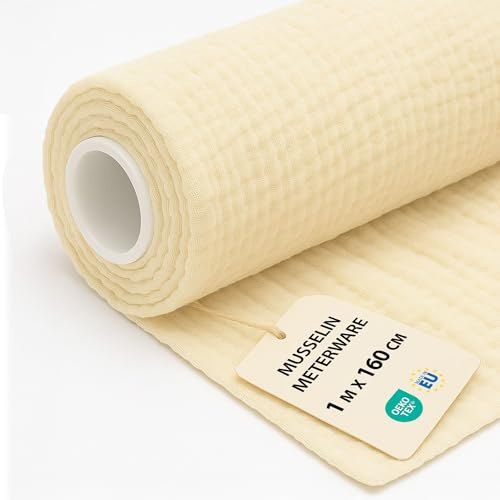 Musselin Stoff Meterware 1 M x 160 cm - Baumwollstoff Stoffe zum Nähen ideal für Bettwäsche Decke Kinder Tuch Tischläufer leichte Baumwolle Fabric Musselinstoff Oeko-Tex-Zertifikat Hellbeige