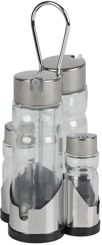Glass Oil Vinegar Salt Pepper Shaker Set with Metal Holder Indoor Kitchen Use Utensils Bottles