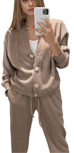 Veriliss Women's Lounge Sets 2 Piece Outfits Knitted Pullover Sweater Tops Cardigan Wide Leg Pants Tracksuit Sweatsuit Set(Coffee,XL)