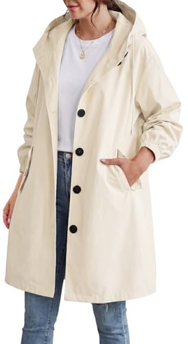 CMTOP Trench Donna Lungo con Cappuccio Elegante Monopetto Cappotto Leggero Antivento Giacca Primavera e Autunno Trenchoat Windbreaker Giacche con Tasche(Beige,L)