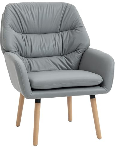 HOMCOM Sillón de Salón Moderno, Butaca de Salón, Acolchado de Doble Capa, Tapizado en Cuero Sintético, Patas de Madera, Sillón de Lectura para Dormitorio, Oficina, Estudio, 68x74x89 cm, Gris