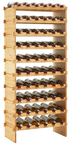 Estantería modular apilable de bambú para vino – 10 niveles, soporte robusto para 60 botellas, diseño estable de suelo o encimera, exhibidor rústico para bar y bodega, 66x30x117 cm, capacidad: 60