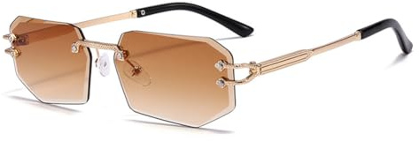 frissin Occhiali da sole poligonali senza montatura da uomo e donna protezione UV400 rettangolo oro aste in metallo occhiali da sole per viaggi all'aperto ciclismo, Marrone sfumato