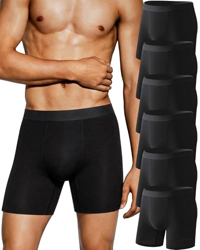FINETOO Boxer Homme Coton Long Calecon Respirant Homme Anti Frottement sous Vetement sans Étiquette Mens Underwear avec Poche 3D Culotte Ceinture Élastique pour Sport Travail et Usage Lot de 6