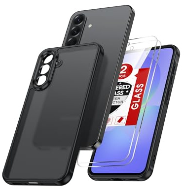 LeYi for Samsung Galaxy A36 5G Phone Case with 2 Screen Protector Black | Translucent Matte Back, Military Grade Protection, Slim Rugged Shockproof Protective Mobile Cover for A 36-Black