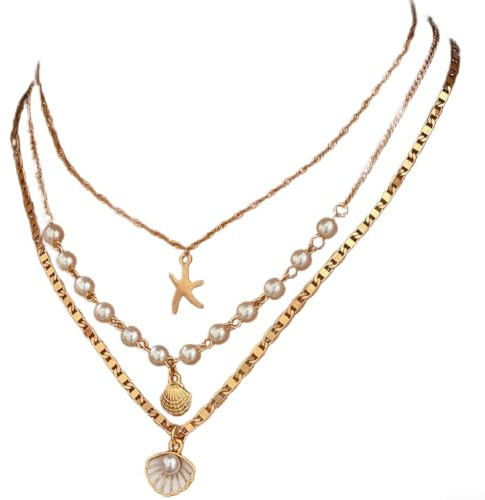 Skiktad sjöstjärna snäcka halsband kvinnor guld strandsmycken boho sommar hänge kedja 40 cm (A)