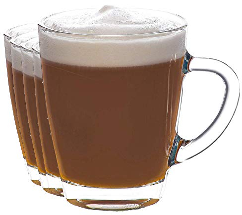 EDGE 99 Coffee Glasses, Latte Mug 350 Ml, Cup Handles, Glass Mugs in Pack of 4 and 6, Toughened Glass Mugs for Hot Drinks (6 x Coffee Glasses 350ml)