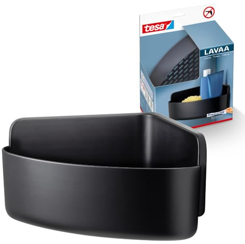 tesa Lavaa Eck-Duschkorb M, schwarz matt - Duschablage zur Wandmontage ohne Bohren, inkl Powerstrips Waterproof Strips XL - 200 mm x 120 mm x 200 mm