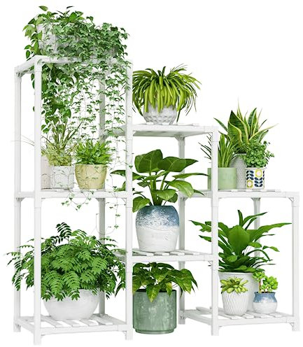 Bamworld Indoor Plant Stand Outdoor White Shelf Bamboo Plant Table for Multiple Plants 3 Tiers 7 Pots Ladder Holder Pot Window Garden Balcony Living Room