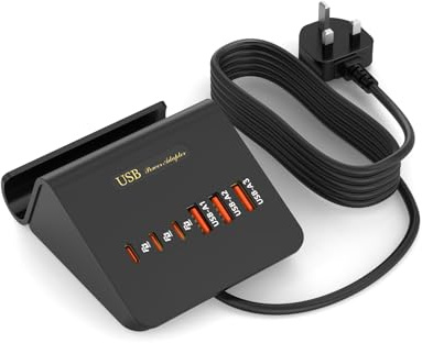 Qurzou USB Charging Station 6-Port USBC Charger Plug Multi USB Wall Charger for iPhone, iPad, Samsung, Huawei, AirPods, Pixel, iWatch, Redmi etc (Black 15W)