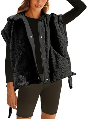 OPCAKM Women's Fuzzy Fleece Vest Oversized Sleeveless Sherpa Jacket Warm Button Down Gilet Outerwear with Pockets(Black-M)