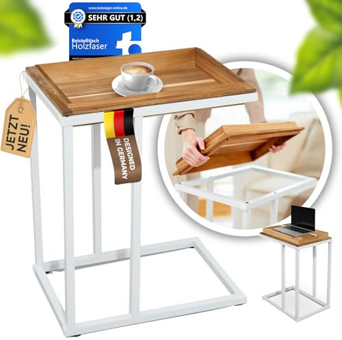 HOLZFASER Beistelltisch aus Echtholz [C-Form] Beistelltisch für Couch & Sofa – Multifunktionales & abnehmbares Tablett – Side Table für Wohnzimmer, Laptop Tisch, Sofatisch, Klein