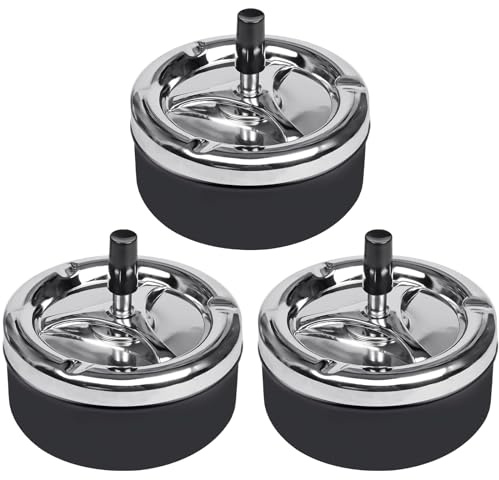 Qualsen 3PCS Posacenere Moderno Girevole con Coperchio, Posacenere Portatile in Acciaio Inox, Nero+argento