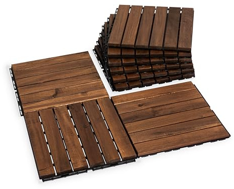 VICTORY RELAX Natural Acacia 12x12 Interlocking Wood Deck Tiles for Balcony, Garden, Patio, Poolside Decor - Waterproof Indoor & Outdoor Flooring - 6 Slats, Square Joints, Pack 9, Brown Color