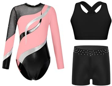 FEESHOW Kinder Glitzer Turnanzug Mädchen Gymnastikanzug Langarm Mit Kurze Hose Crop Tank Top 3er Set Gymnastik Trikot Tanzkleidung Rosa 146-152