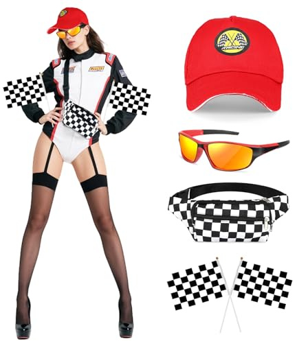 BTHRORO Costume Pilota da Corsa Donna, Racer Overall Outfit Cappello Bandiera a Scacchi Occhiali da Sole Marsupio Tuta da Racer per Adulti Carnevali Halloween