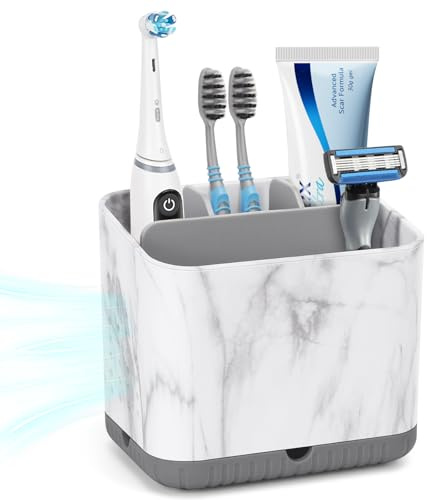 toprance Toothbrush Holder Caddy Marble-Look Electric Toothbrush Holder with Drip Tray, Non-Slip 4 Slots Toothbrush Storage for Bathroom Toothpaste and Tooth Brush Tidy