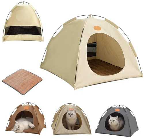 Kühlzelt Katze, Katzen Kühlzelt, Faltbar Tragbares Haustierzelt mit Rattan Matte, Natürliche Kühlung, Leicht und Atmungsaktiv, Ideal als Katzenhaus, Hundezelt (Beige, L: 48 * 48 * 42cm)