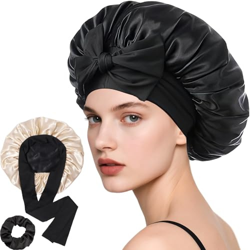 Loomify Satin hårmössa, dubbelsidig sidenmössa för att sova, justerbar sovmössa för lockar, silkessömn bonnet för kvinnor och flickor
