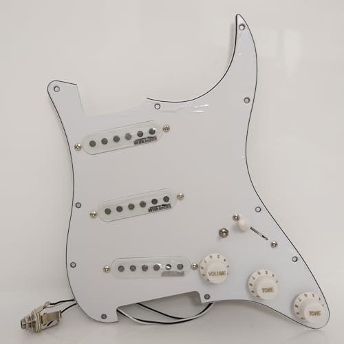 SSS Guitar Prewired Pickguard Loaded Set For Fender Stratocaster ST Style with Wilkinson Alnico 5 Single Coil Pickups, 3 Ply SSS Scratch Plate Guitar Wiring Harness Upgrade Kit (White)