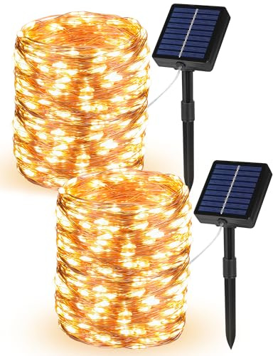 NWPUSZ Solar Fairy Lights Outdoor Garden, 2 Pack Total 20M/66Ft 200LED Solar Powered String Lights, 8 Modes Waterproof Timer Copper Wire Solar Garden Light for Outdoor Indoor Trees Party (Warm White)