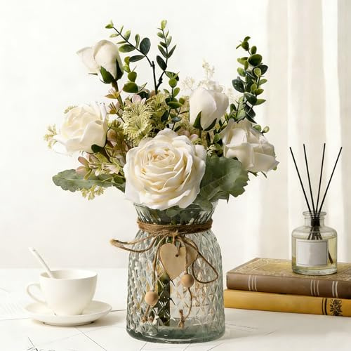 WJSFDLY Faux Flowers with Vase, Silk Roses Artificial Flowers in Vase, Faux Flower Plant Arrangement Suitable for Home Office Decoration, Dining Table Centerpiece