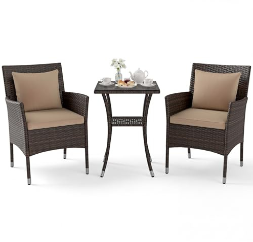 LIFEZEAL Salotto da Giardino Esterno, in Rattan PE, Set Giardino Esterno, 2 Divanetti con Cuscini Rimovibili e Tavolino da Caffè in Vetro Temprato, Poltrone per Terrazza (Marrone+Giallo)