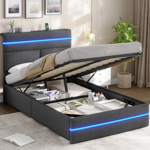AOGLLATI Cama Individual 90x200 con Almacenamiento Hidráulico, Gris Oscuro