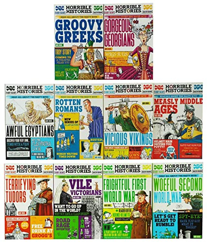 Horrible Histories Savage 10 Book Collection Set (Awful Egyptians, Rotten Romans, Vicious Vikings, Measly Middle Ages, Terrifying Tudors, Vile Victorians, Frightful First World War & More…)