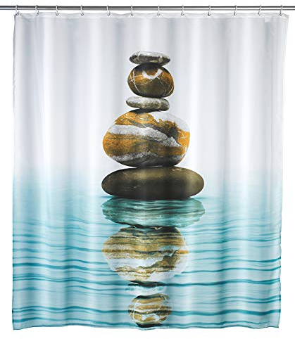 WENKO Duschvorhang Meditation, Textil-Vorhang fürs Badezimmer, mit Ringen zur Befestigung an der Duschstange, waschbar, wasserabweisend, 180 x 200 cm