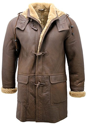 Infinity Herren Braun Schaffell-Leder abnehmbarer Kapuze Dufflecoat 3XL