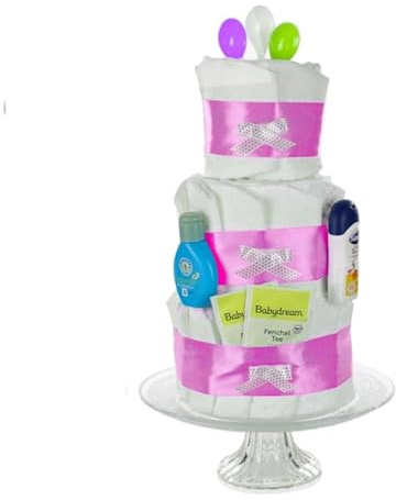Gâteau de couches pour fille avec produits pour bébé, cuillères et thé pour bébé, cadeau de naissance/fête prénatale (rose)