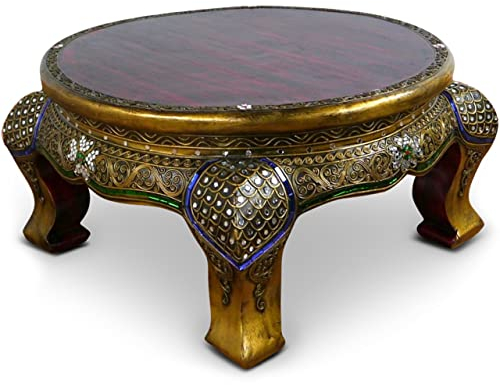 livasia Runder Opiumtisch aus Massivholz – Ø50cm, 26cm hoch – Handgeschnitzter Beistelltisch Holz aus Thailand, Nachhaltig, mit kunstvollen Glasmosaik Steinchen (50 cm)