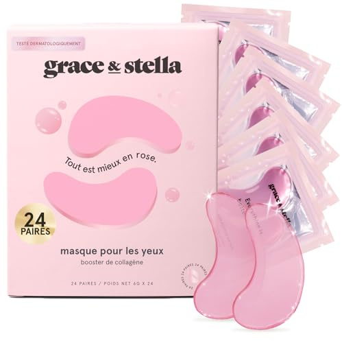 Award Winning Under Eye Mask - Reduce Dark Circles, Puffy Eyes, Undereye Bags, Wrinkles - Gel Under Eye Patches, Vegan Cruelty-Free Self Care by grace and stella (24 Pairs, Pink)