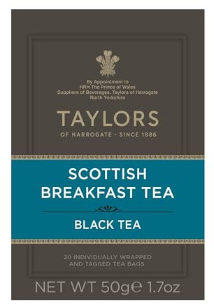Taylors of Harrogate Scottish Breakfast Black Tea Individually Wrapped Bags, 20 Count (Pack of 1), Strong, Malty and Full, Caffeinated, Enjoy Hot or Iced, 20 Teabags