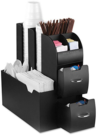 Mind Reader Cup and Condiment Station, Countertop Organizer, Coffee Bar, Kitchen, Stirrers, 5.35W x 11.25L x 11.15H, Black