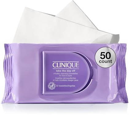 Clinique Take The Day Off Micellar Cleansing Makeup Remover Wipes For Face and Eyes | For All Skin Types | No Water Required | Perfect For Gym or Travel, 50 Count