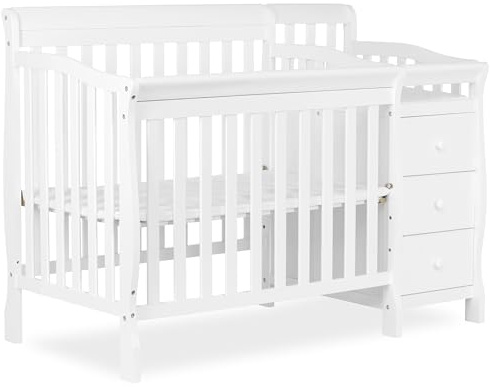 Dream On Me Jayden 4‑in‑1 Mini Convertible Baby Crib & Changer with Storage in White, Pinewood, GreenGuard Gold & BSA, 1” Mattress Pad, 3 Mattress Heights, Converts to Mini Day & Twin-Size Bed
