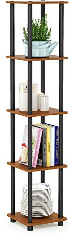 Furinno TURN-N-TUBE Storage Shelves, 5-Tier Square Book Shelf, Corner Shelf, Toolless Open Shelves, Round Tubes, for Organization and Storage, Living Room, Garage, Home Office, Light Cherry