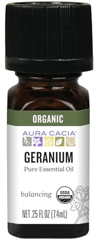 Aura Cacia 100% Pure Geranium Essential Oil | Certified Organic, GC/MS Tested for Purity | 7.4 ml (0.25 fl. oz.) | Pelargonium graveolens