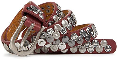 styleBREAKER Cintura borchiata stretta con borchie piatte pressate in stile vintage, aspetto usato, accorciabile 03010046, dimensione:85cm, colore:Rosso bruno