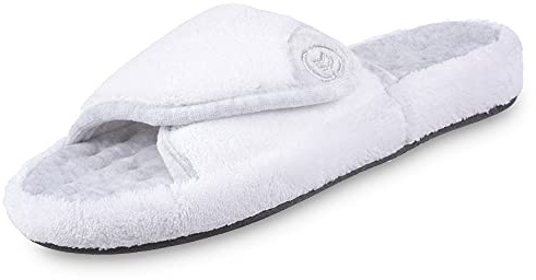 isotoner Women's Indoor/Outdoor Slip-on Adjustable Terry Spa Slide Slippers with Memory Foam Comfort, White, 7.5-8