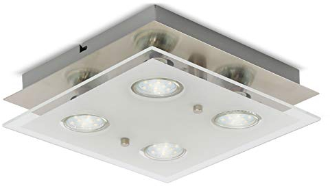 B.K.Licht - Lámpara plafón LED de forma cuadrada con 4 focos y de cristal para interiores con diseño elegante y discreto de luz blanca cálida, 3W y 250 lúmenes, 3000K, color níquel mate