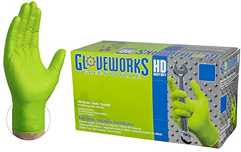 GLOVEWORKS HD Green Nitrile Industrial Disposable Gloves, 8 Mil, Latex-Free, Raised Diamond Texture, Large, Box of 100