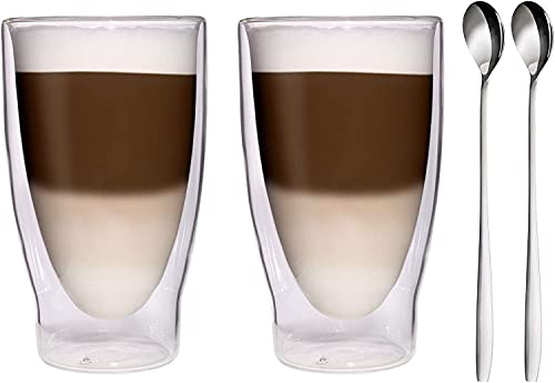 Filosa® Latte Macchiato Bicchieri a doppia parete (2 x 370 ml) + 2 cucchiai, bicchieri da tè, cappuccino, bicchieri termici a doppia parete, per latte macchiato