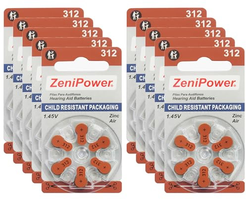 Zenipower Zinc-Air Hearing Aid Battery Size 312 (60 Batteries)