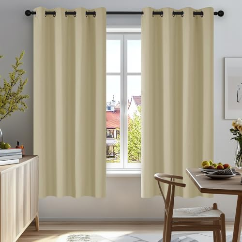 Deconovo Room Darkening Curtains Beige Super Soft Window Treatment Thermal Insulated Eyelet Curtains for Kitchen 46 x 54 Inch 2 Panels