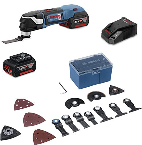 Bosch Professional 18V System Akku Multi-Cutter GOP 18V-28 (inkl. 2x 5.0Ah Akku, GAL 1230 CV, 7x Tauchsägeblatt, 10x Schleifpapier, 3x Segmentsägeblatt, 1x Schleifplatte, L-BOXX)
