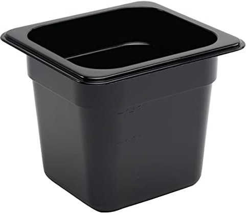 Vogue Polycarbonate 1/6 Gastronorm Container 150 mm Deep, Black, Capacity: 2.3 Litre, GN 1/6 Sixth Size, Size: 162(H) x 176(W) x 150(D)mm, -40° to 100°C, Dishwasher Safe, Lid Sold Separately, U471