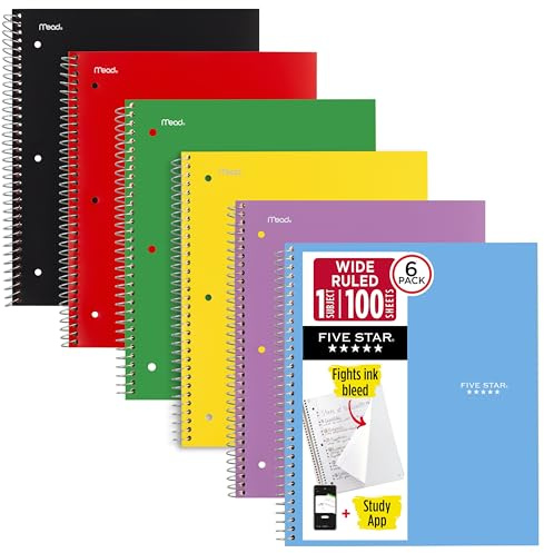 Five Star Spiral Notebook + Study App, 6 Pack, 1 Subject, Wide Ruled Paper, 8 x 10-1/2, 100 Sheets, Fights Ink Bleed, Water Resistant Cover, Assorted Colors (38042)